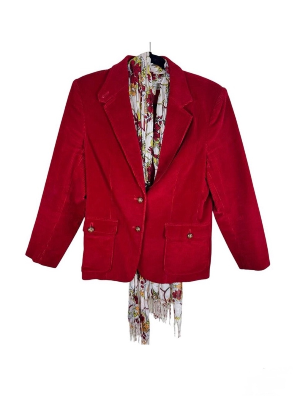 Compositions Vintage Red Corduroy Single Breasted Button Up Blazer Scarf Size 14